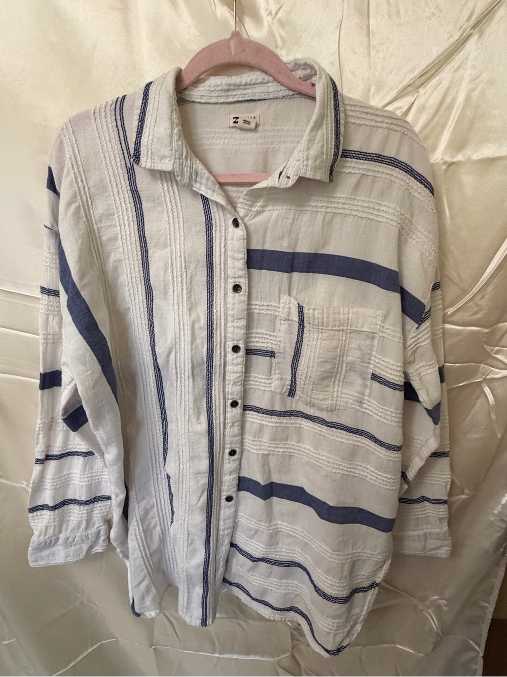 Billabong Womens Large Blue White Striped Button Down Shirt Coastal Boho Cotton